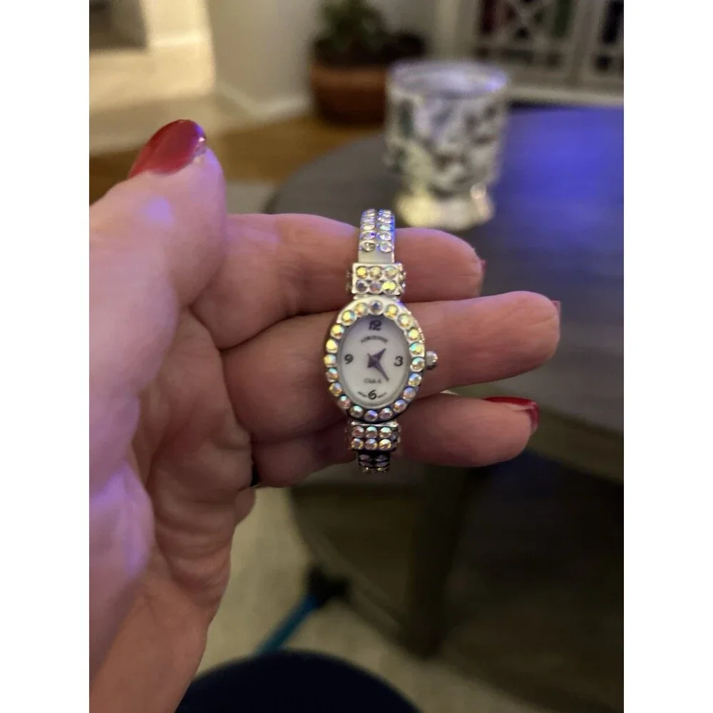 Crystal Hinged Cuff Bracelet Style Watch